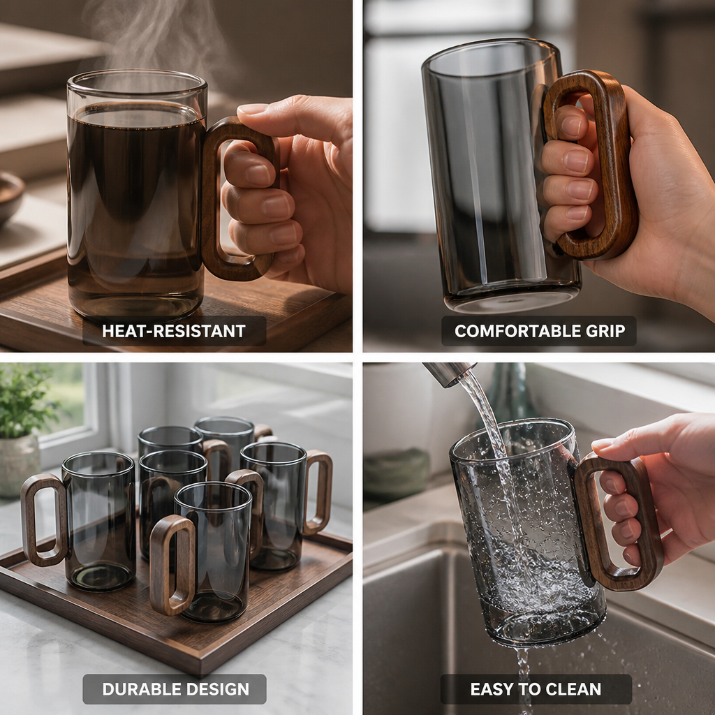 Heat-Resistant Borosilicate Glass Tumbler with Ergonomic Wooden Handle (350ml)