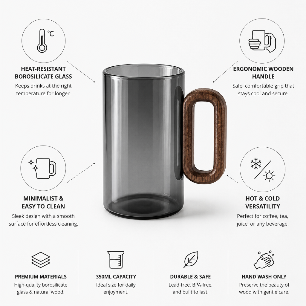 Heat-Resistant Borosilicate Glass Tumbler with Ergonomic Wooden Handle (350ml)