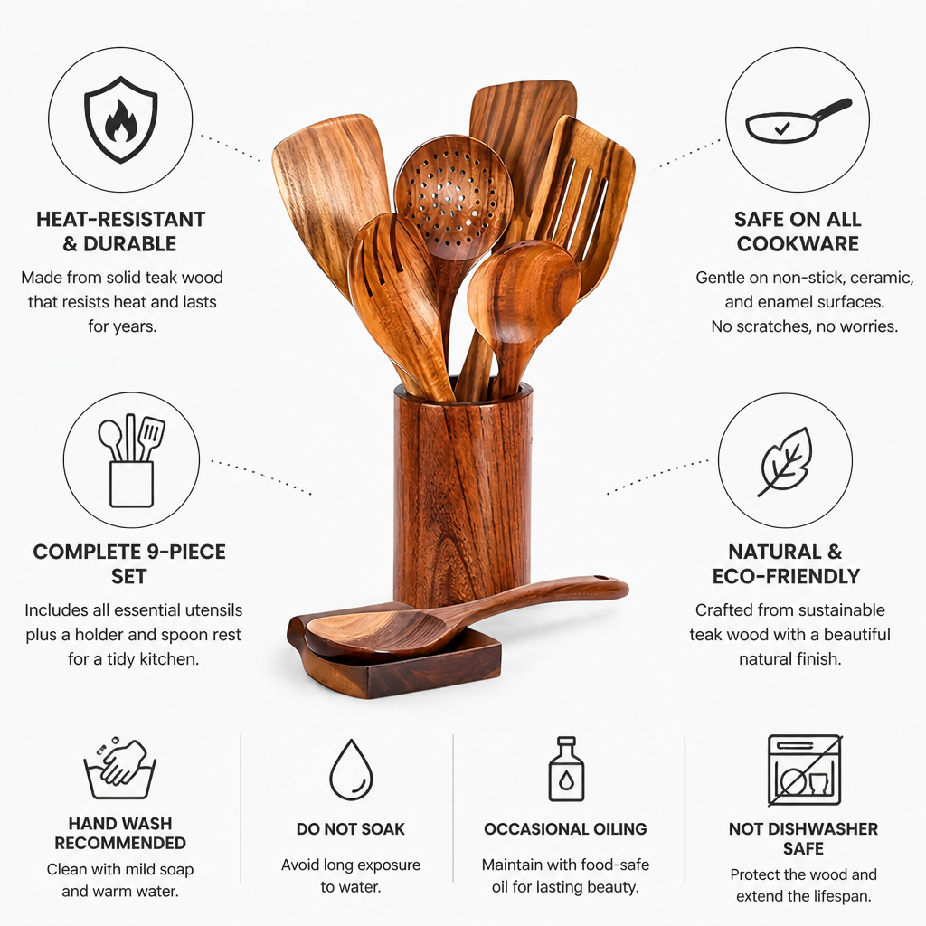 Heat-Resistant Solid Teak Utensil Set (9-Piece With Holder & Spoon Rest)