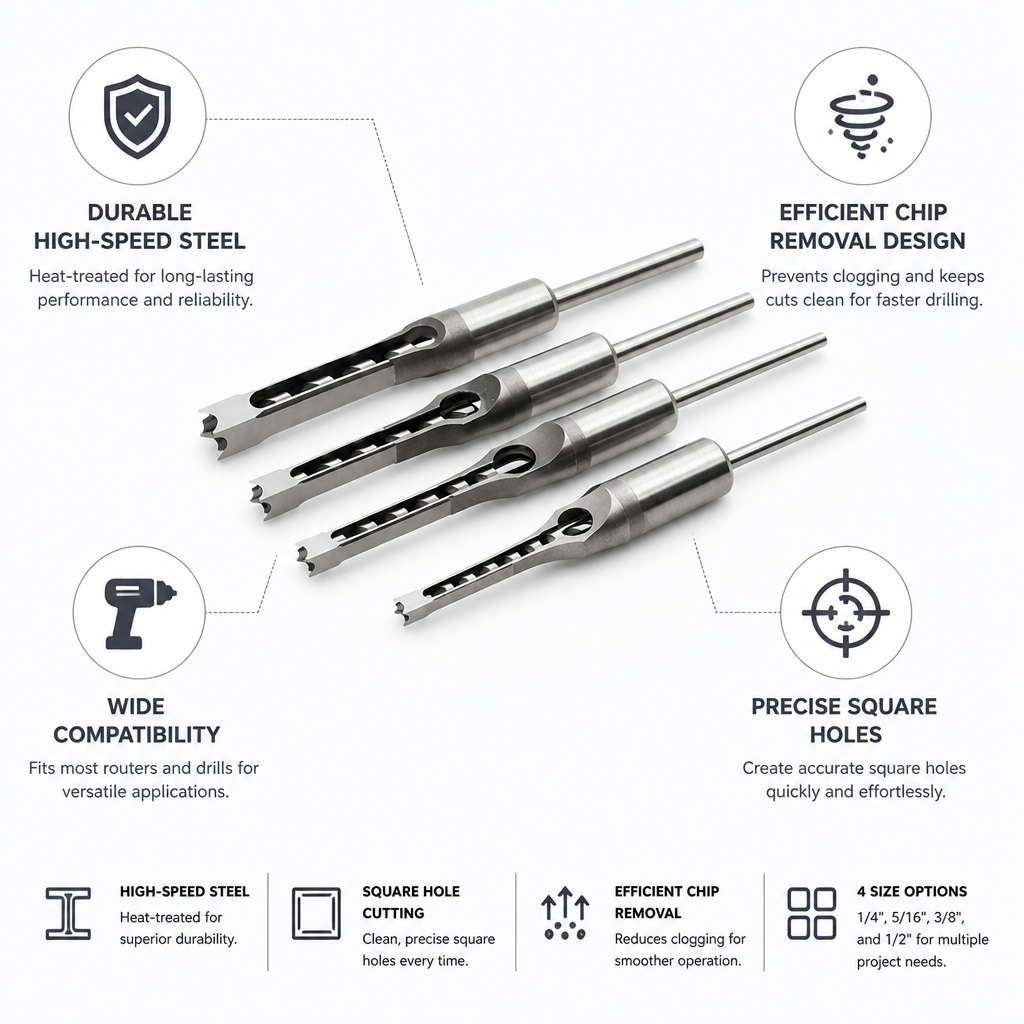 Heat-Treated High-Speed Steel Square Hole Drill Bit Set (4-Piece)