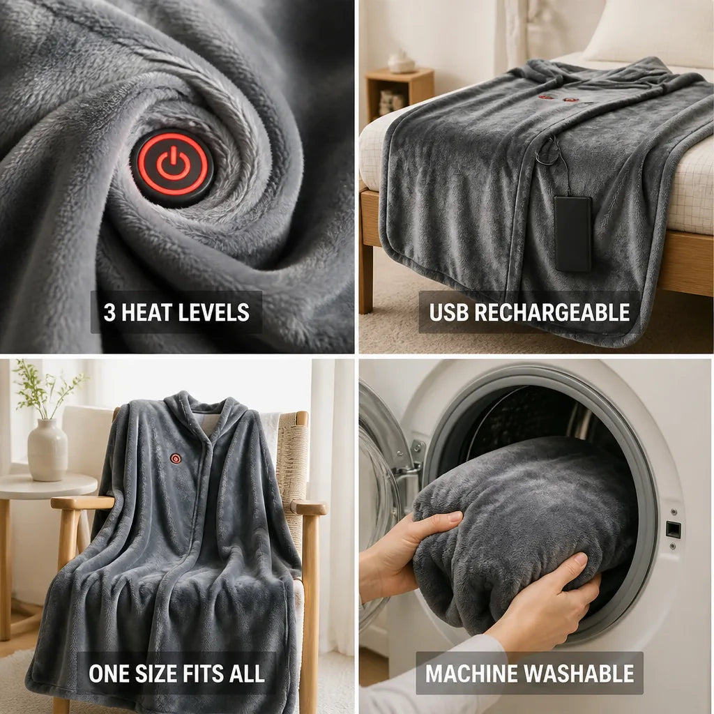 Heated Blanket Shawl USB Rechargeable 3 Heat Levels