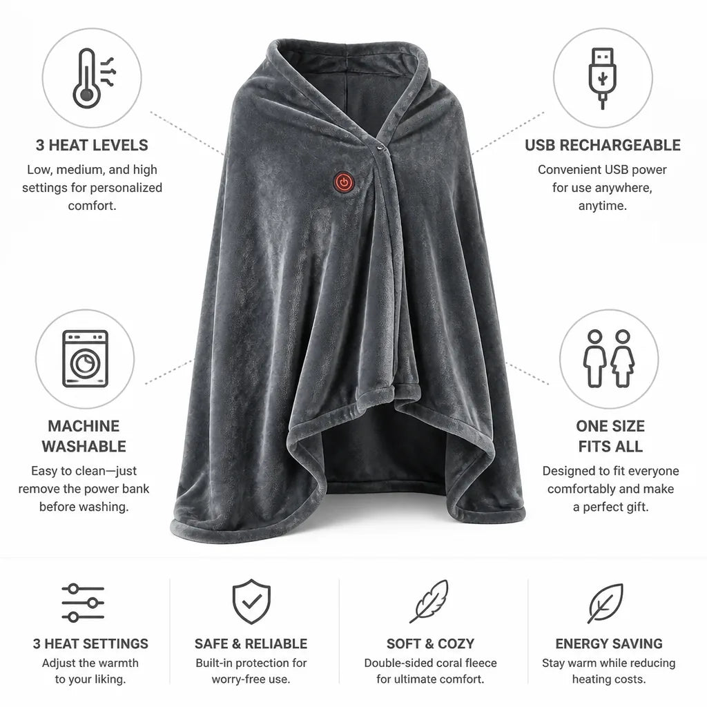 Heated Blanket Shawl USB Rechargeable 3 Heat Levels
