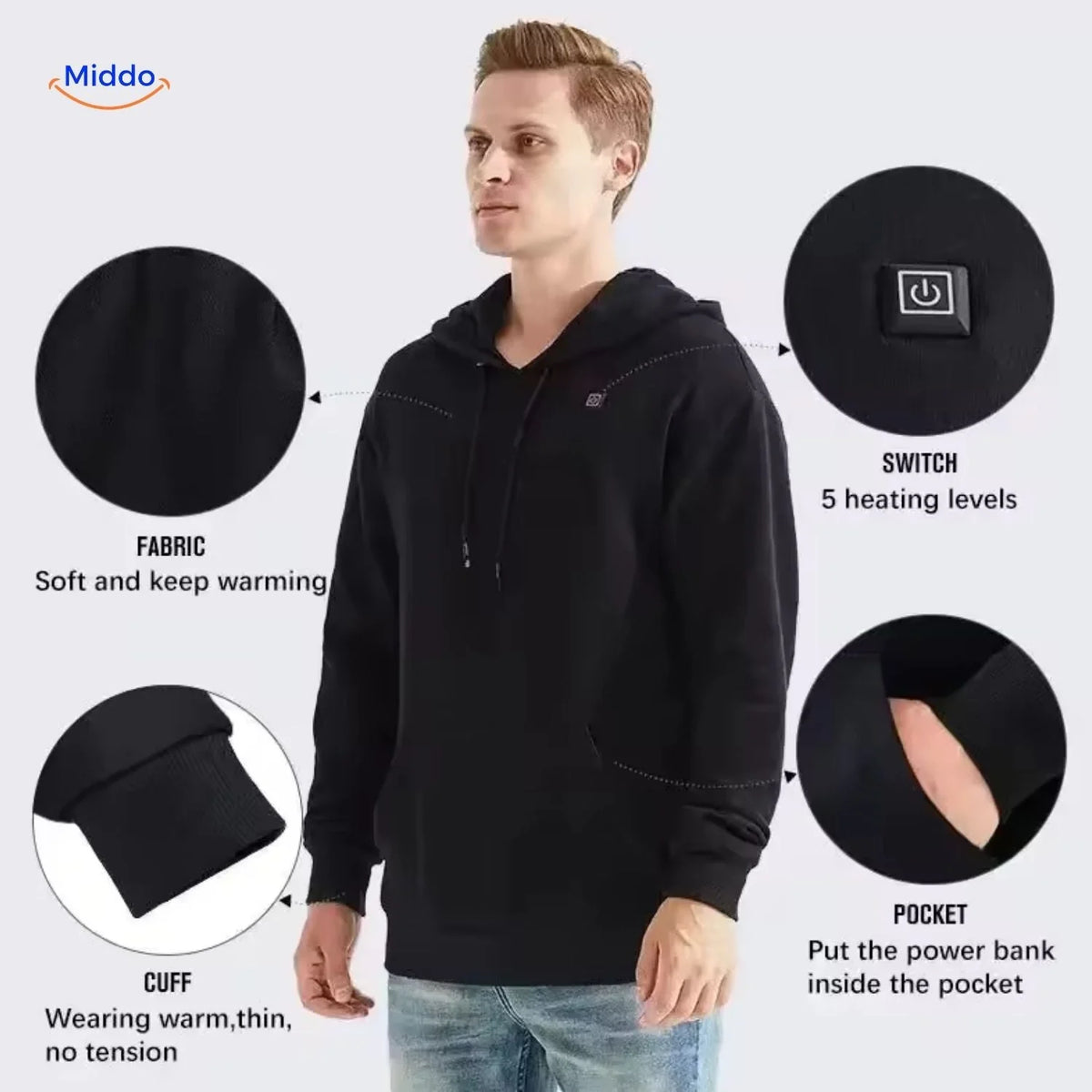Heated Hoodie USB-Powered Three Heat Settings Stretch Fabric