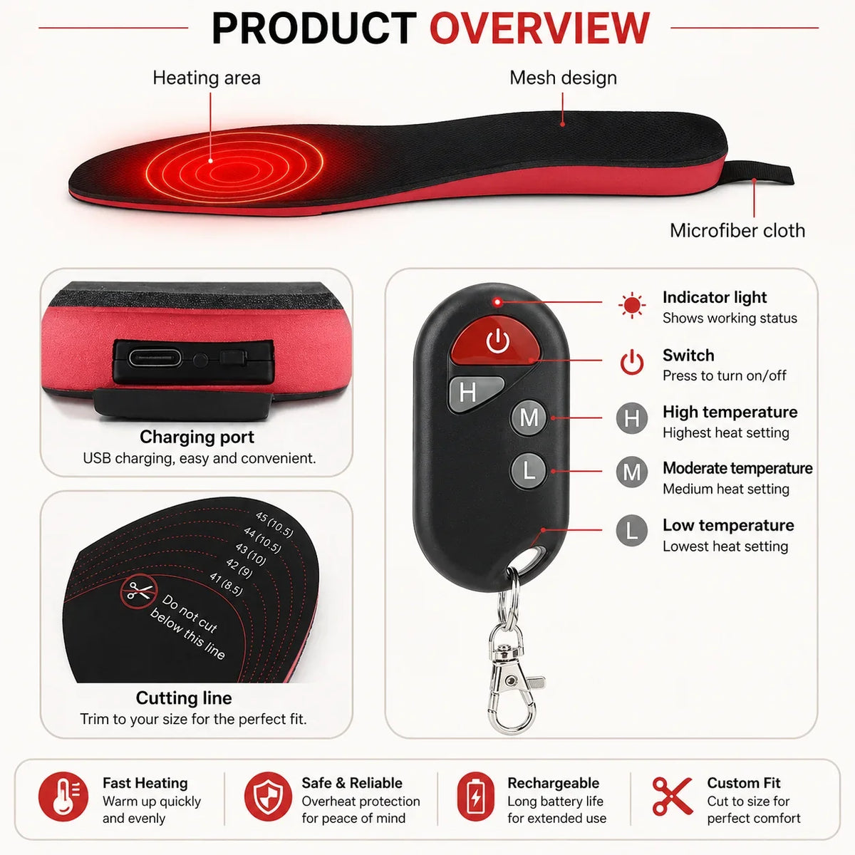 Heated Insoles Rechargeable Wireless Temperature Control Multiple Heat Settings
