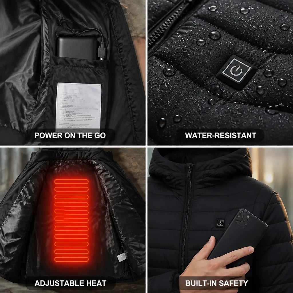 Heated Jacket USB-Powered Power Bank Pocket Water-Resistant