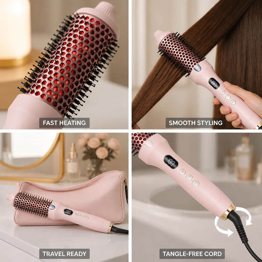 Heated Styling Brush Keratin Ceramic Straightens & Curls