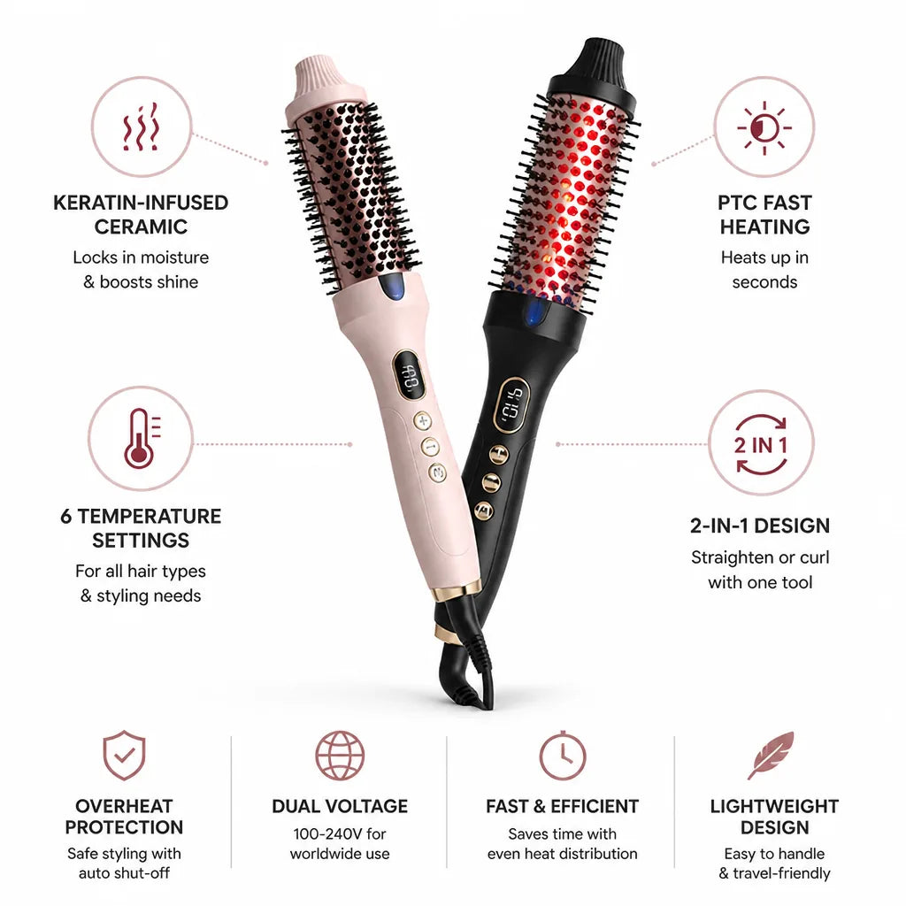 Heated Styling Brush Keratin Ceramic Straightens & Curls