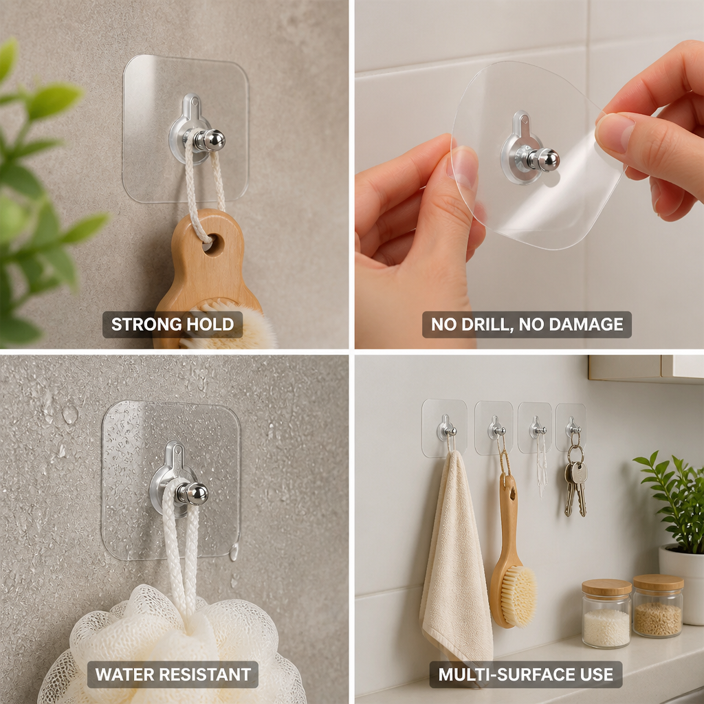Heavy-Duty No-Drill Transparent Adhesive Wall Hook (Pack of 20)