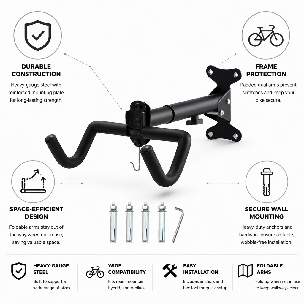 Heavy-Gauge Steel Padded Dual-Arm Bicycle Rack (Wall-Mounted, Anchors Included)