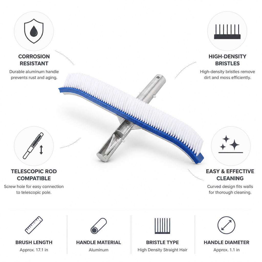 High-Density Bristles & Corrosion-Resistant Aluminum Pool Wall Brush (Telescopic Rod Compatible)