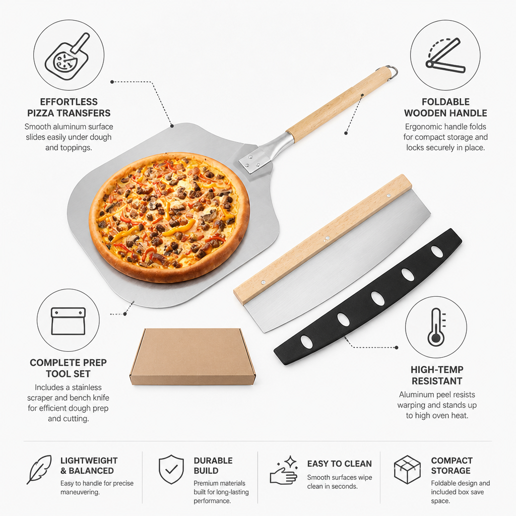 High-Temp Aluminum Folding Hardwood-Handle Pizza Peel (Removable Scraper & Bench Knife)