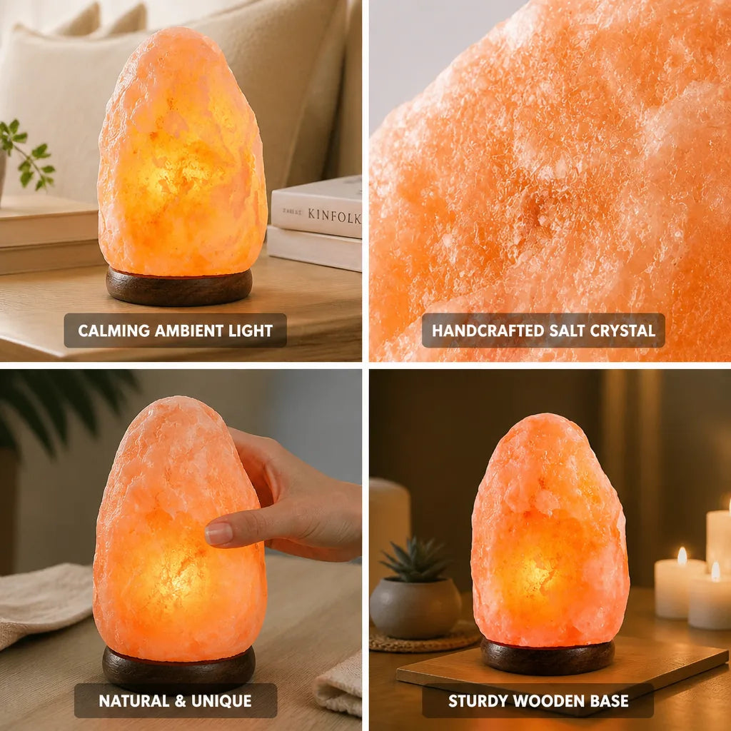 Himalayan Salt Lamp Handcrafted Warm Glow Wooden Base
