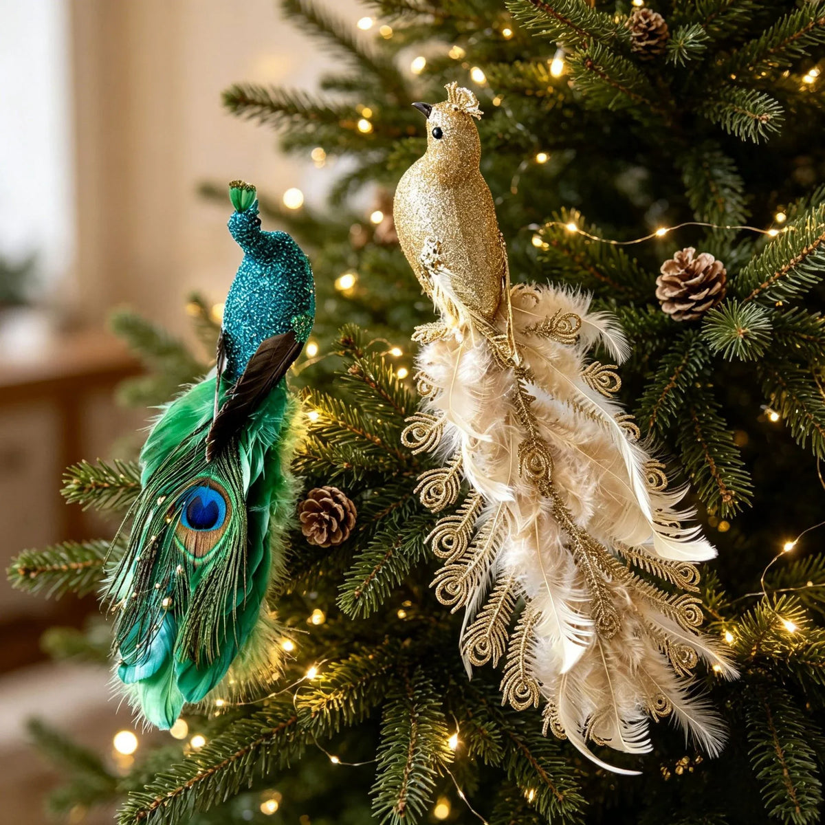 Holiday Feather Decoration Sparkling Accents White Green & Gold