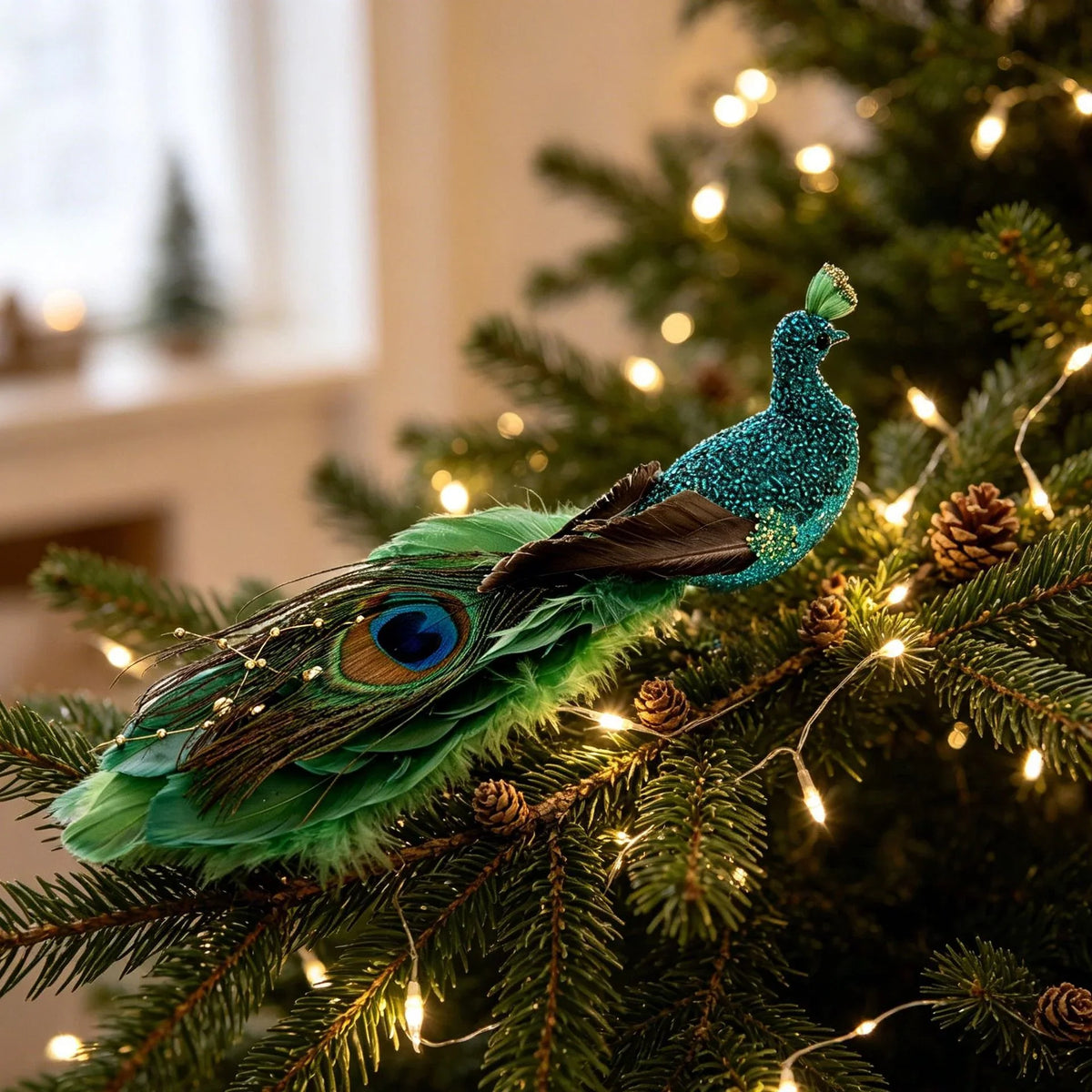 Holiday Feather Decoration Sparkling Accents White Green & Gold