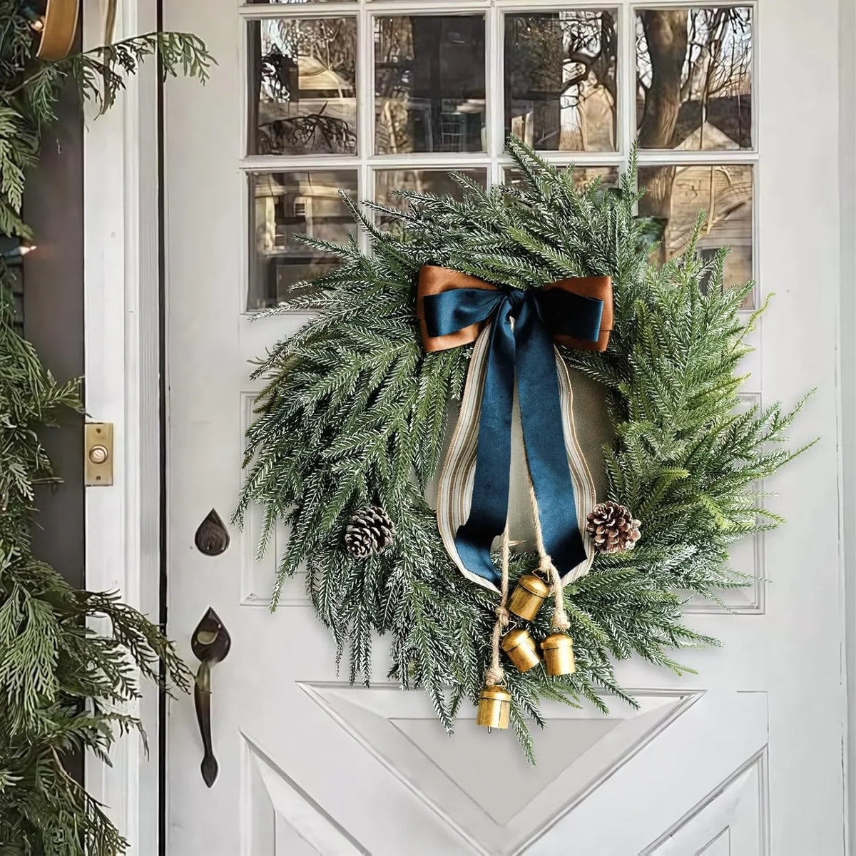 Holiday Wreath Faux Evergreen 18 Inch Ribbon & Bells