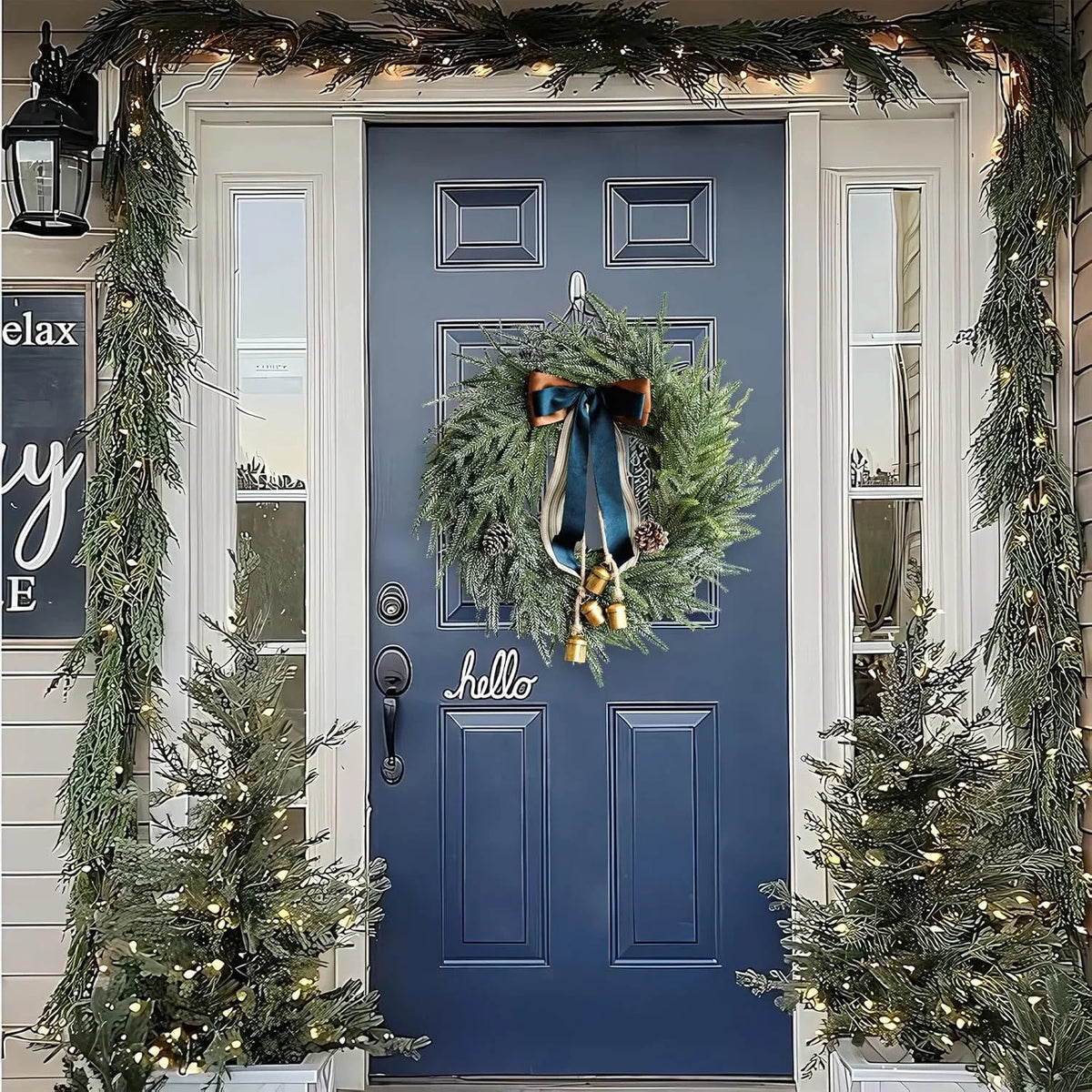 Holiday Wreath Faux Evergreen 18 Inch Ribbon & Bells
