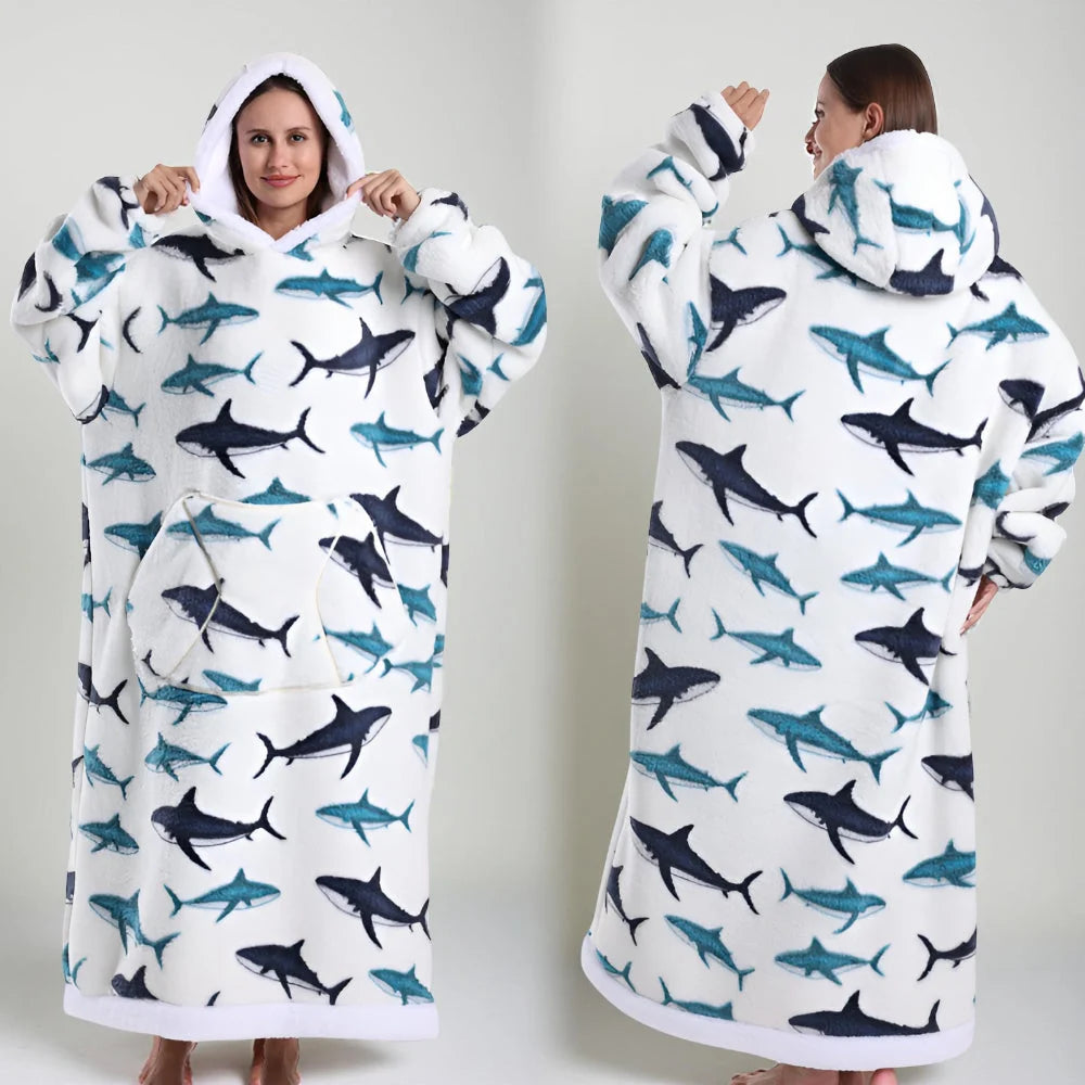 Hooded Blanket Oversized Double-Brushed Fleece Deep Hood & Pouch Pocket