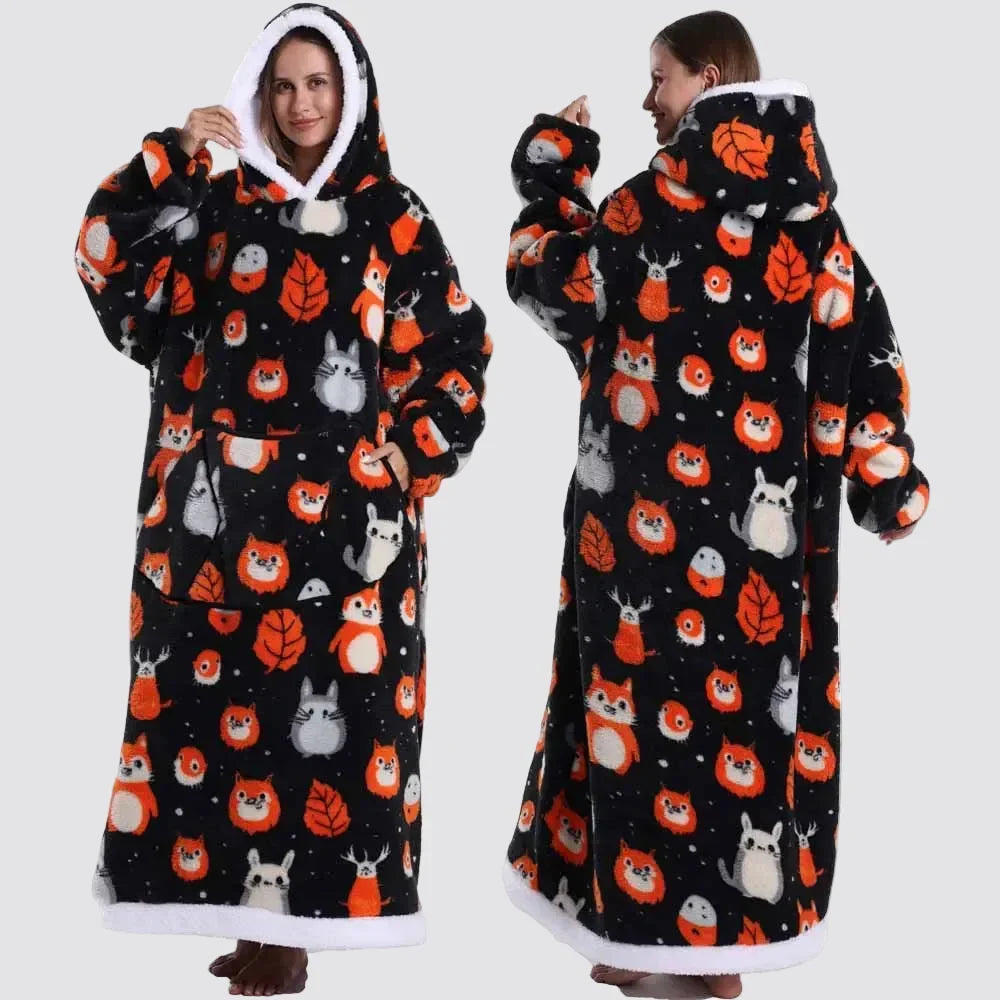 Hooded Blanket Oversized Double-Brushed Fleece Deep Hood & Pouch Pocket