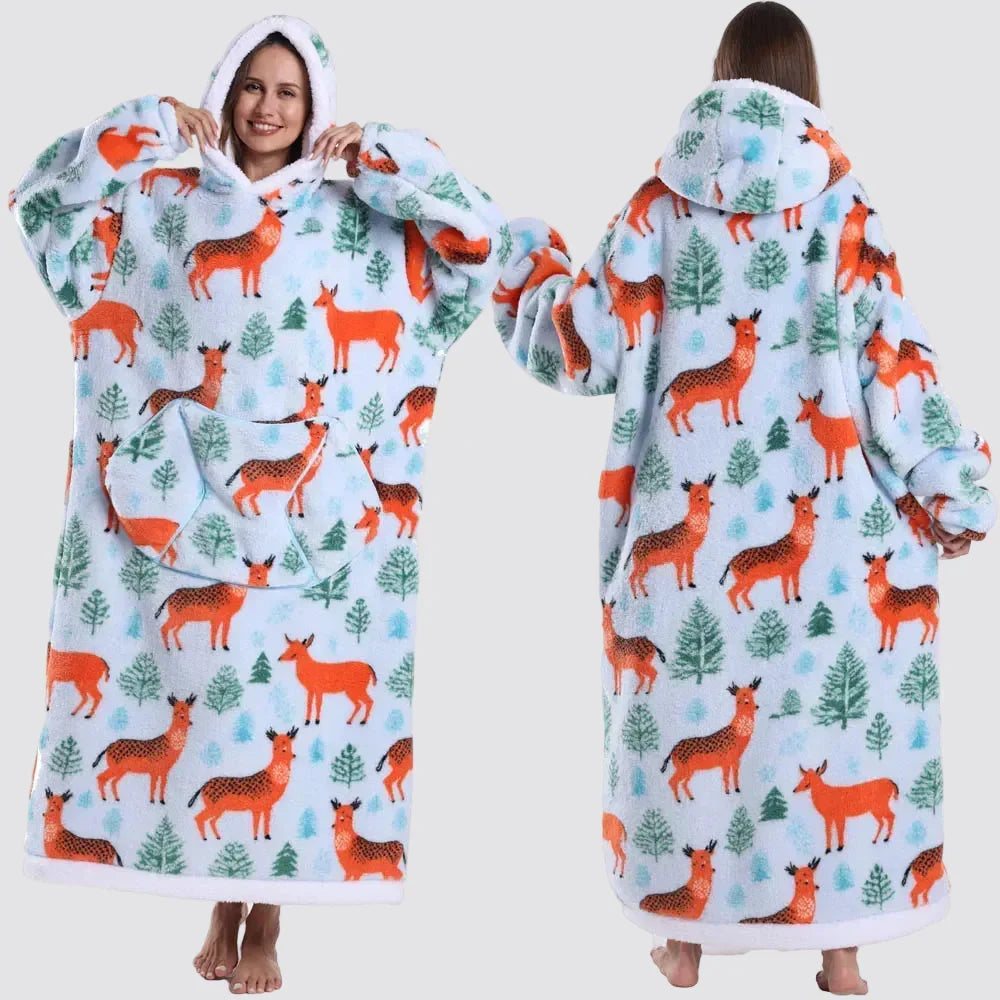 Hooded Blanket Oversized Double-Brushed Fleece Deep Hood & Pouch Pocket