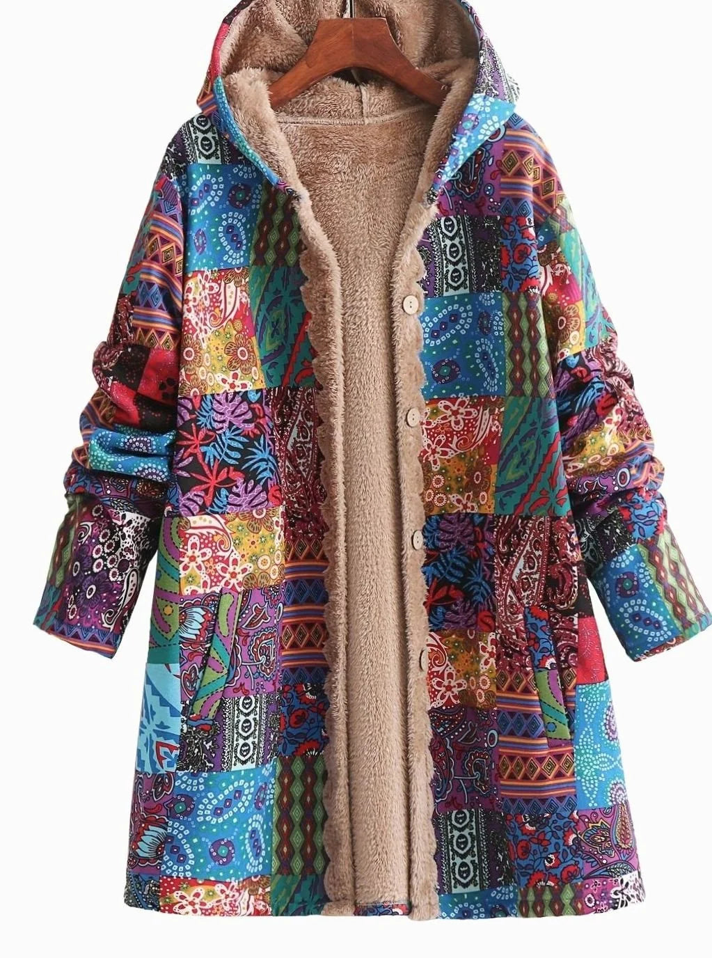 Hooded Jacket Fleece-Lined Boho Patchwork Print Button-Front