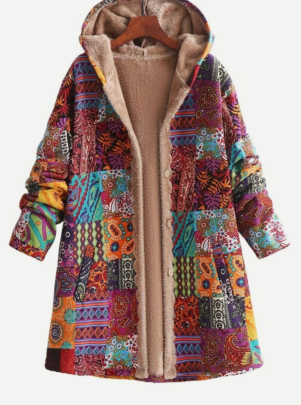 Hooded Jacket Fleece-Lined Boho Patchwork Print Button-Front