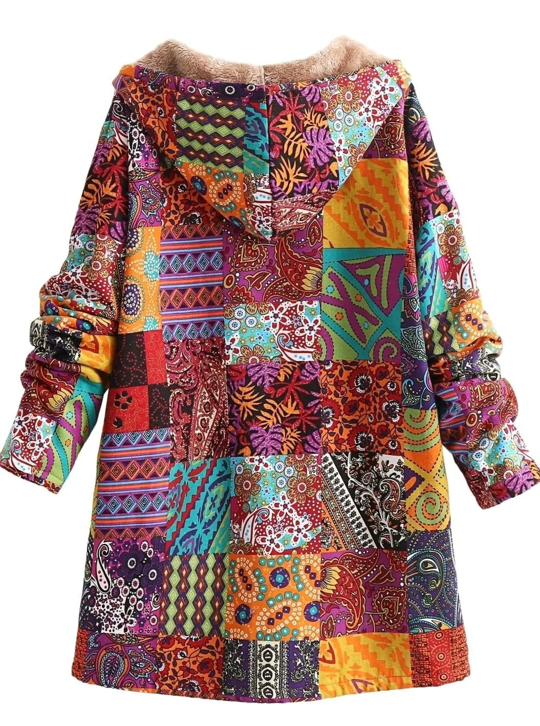 Hooded Jacket Fleece-Lined Boho Patchwork Print Button-Front
