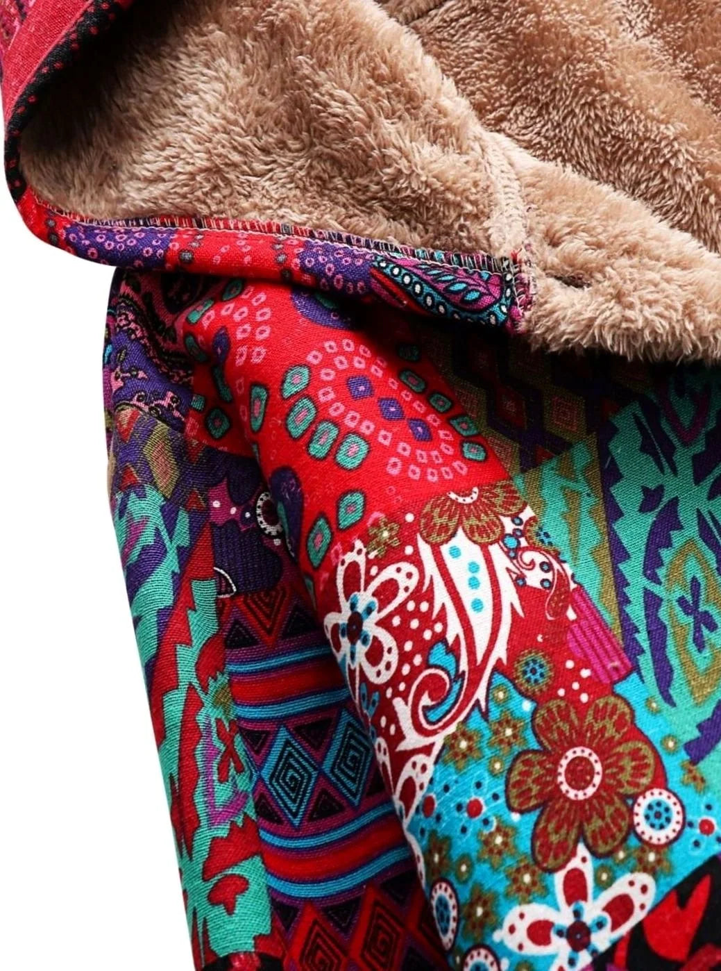 Hooded Jacket Fleece-Lined Boho Patchwork Print Button-Front