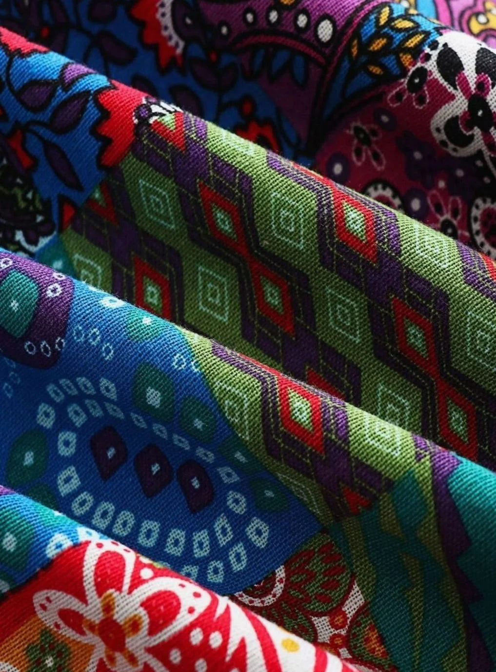 Hooded Jacket Fleece-Lined Boho Patchwork Print Button-Front
