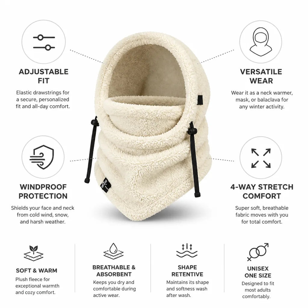 Hooded Neck Warmer Plush Adjustable Fit Windproof