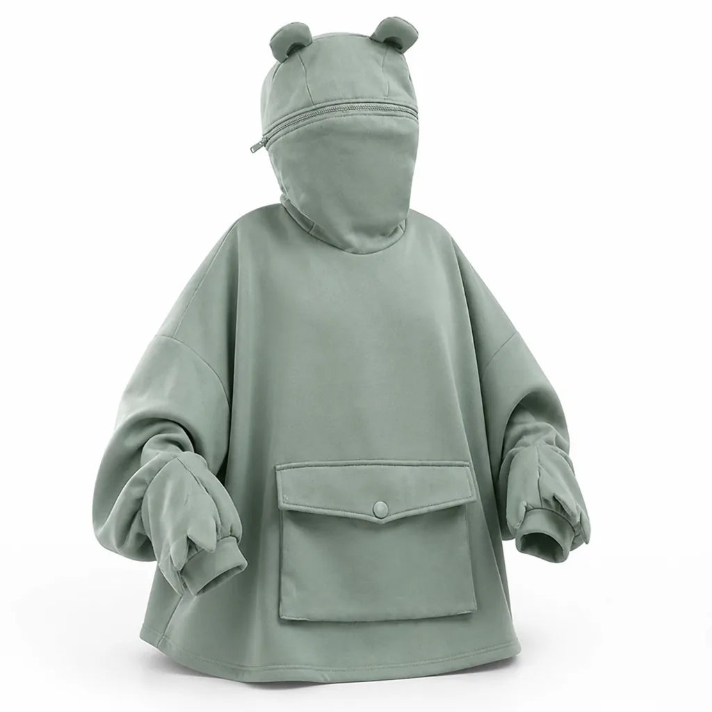 Hoodie Frog-Style Zip-Up Hood & Sleeves Oversized Cotton Fleece