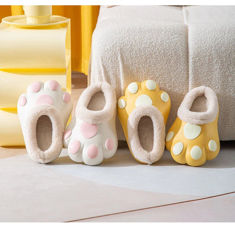 House Slippers Plush Cat Paw Fleece Lined Non-Slip Sole