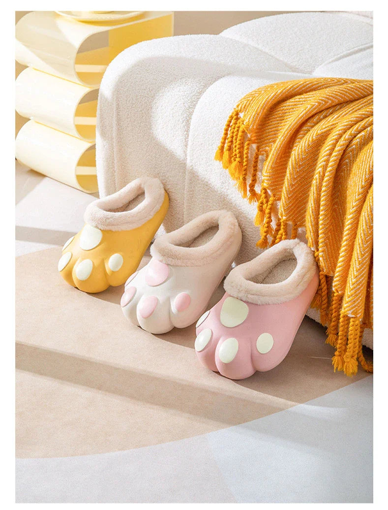 House Slippers Plush Cat Paw Fleece Lined Non-Slip Sole