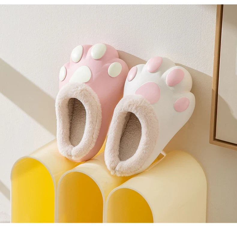House Slippers Plush Cat Paw Fleece Lined Non-Slip Sole