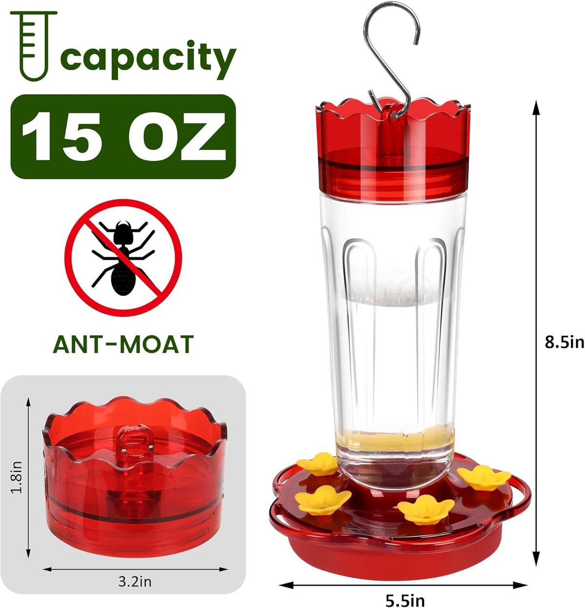 Hummingbird Feeder 15 Oz Leak-Resistant Built-In Ant Moat