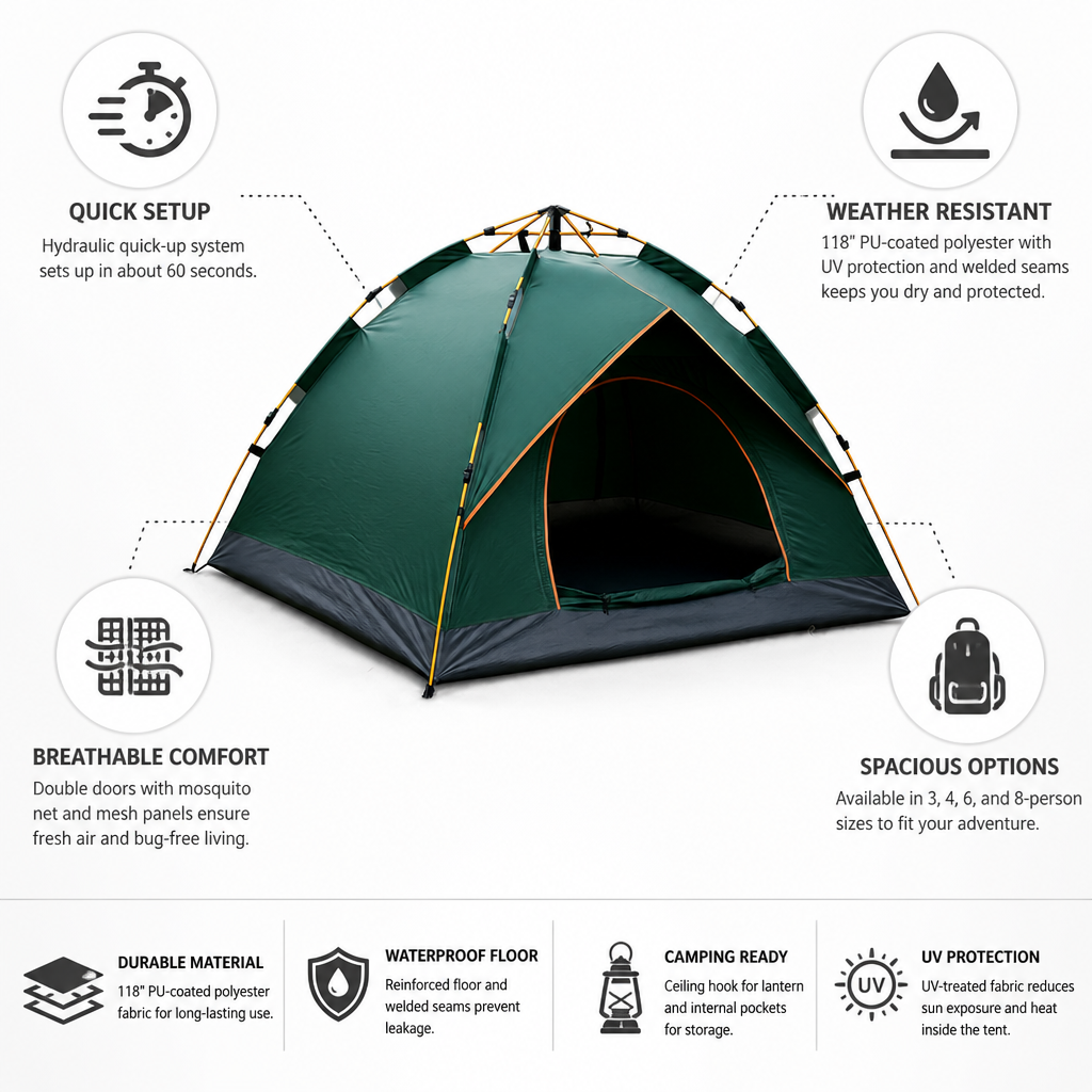 Hydraulic Quick-Up Waterproof Camping Tent (3-8 Person)