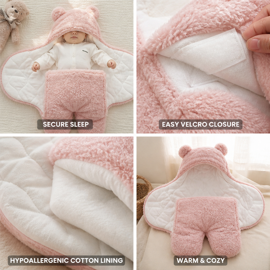 Hypoallergenic Cotton-Lined Velcro Side-Closure Baby Sleeping Bag (Bear Hood)