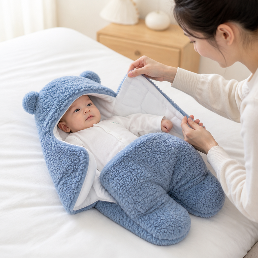 Hypoallergenic Cotton-Lined Velcro Side-Closure Baby Sleeping Bag (Bear Hood)