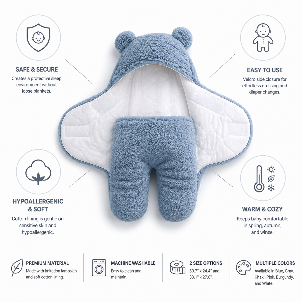 Hypoallergenic Cotton-Lined Velcro Side-Closure Baby Sleeping Bag (Bear Hood)