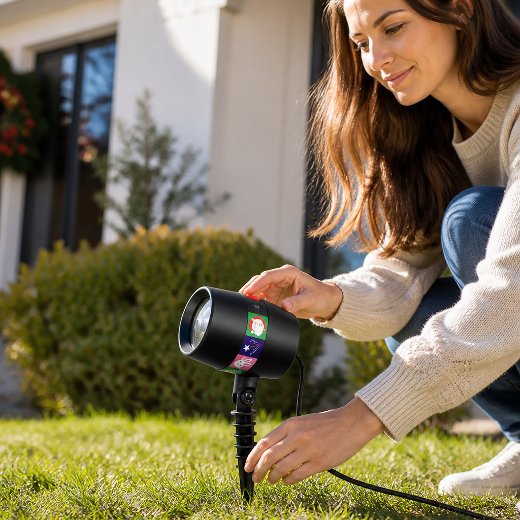 IP55 Waterproof 12-Pattern LED Laser Projector (Stake & Base Included)