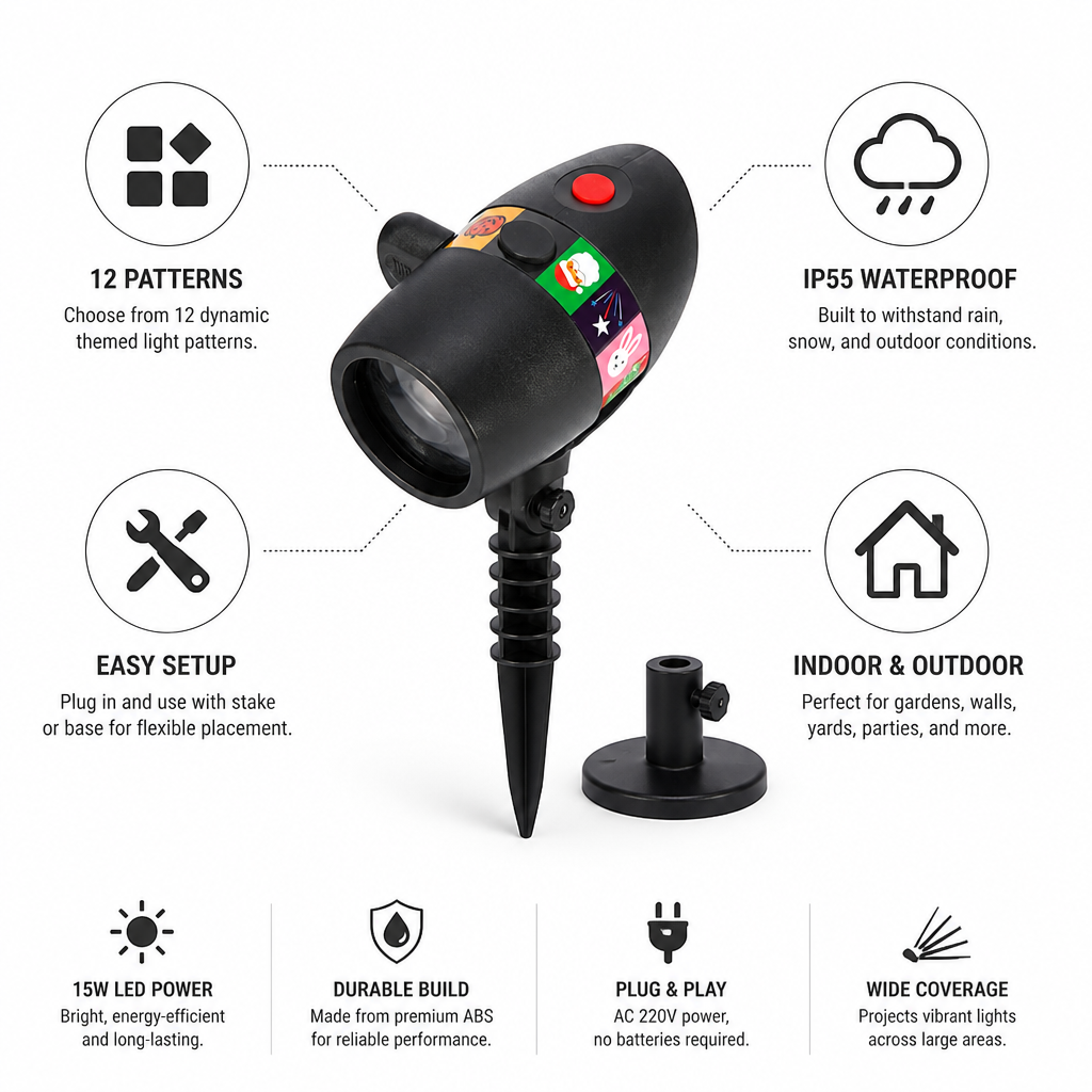 IP55 Waterproof 12-Pattern LED Laser Projector (Stake & Base Included)