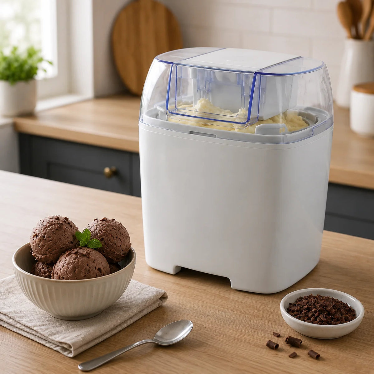 Ice Cream Maker Churns While Freezing 20-30 Min