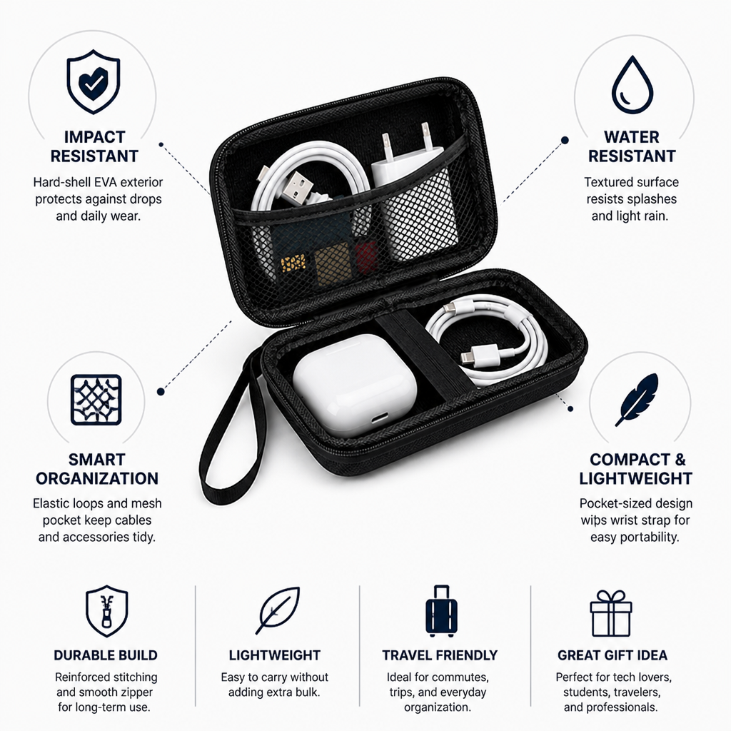 Impact-Resistant Hard-Shell Travel Electronics Organizer