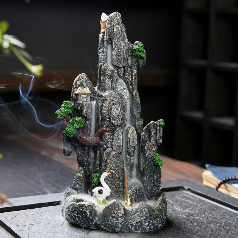 Incense Burner Ceramic Mountain Waterfall Design Cascading Smoke Effect