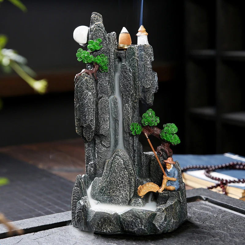 Incense Burner Ceramic Mountain Waterfall Design Cascading Smoke Effect