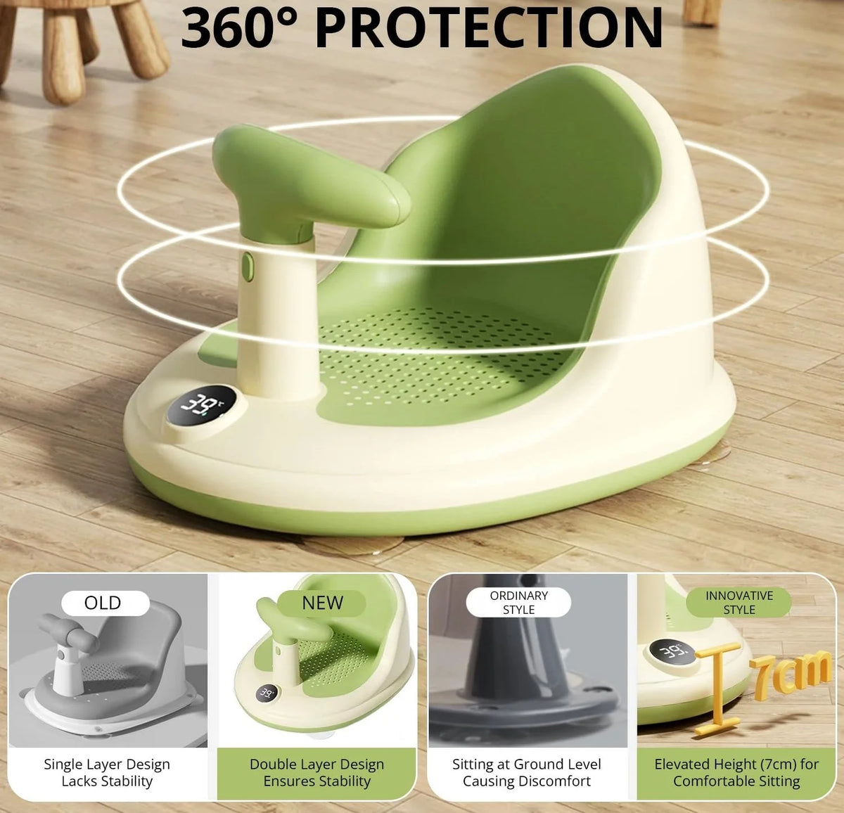 Infant Bath Seat Suction Cup Breathable Mesh & Thermometer