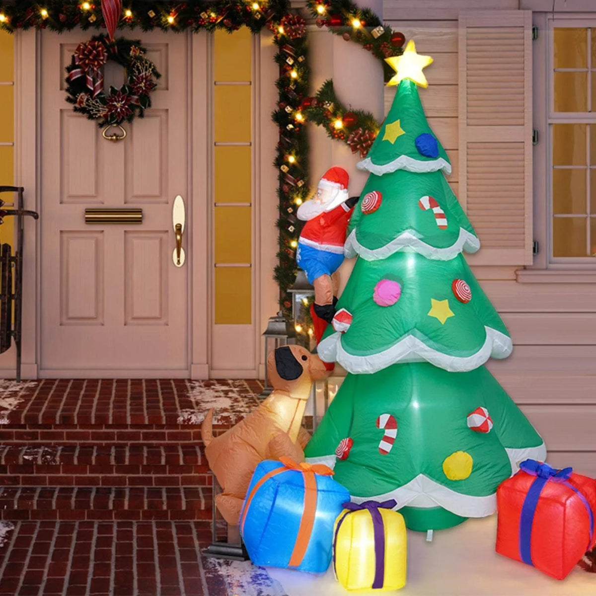 Inflatable Christmas Tree Santa & Dog Figures Weatherproof Indoor Outdoor