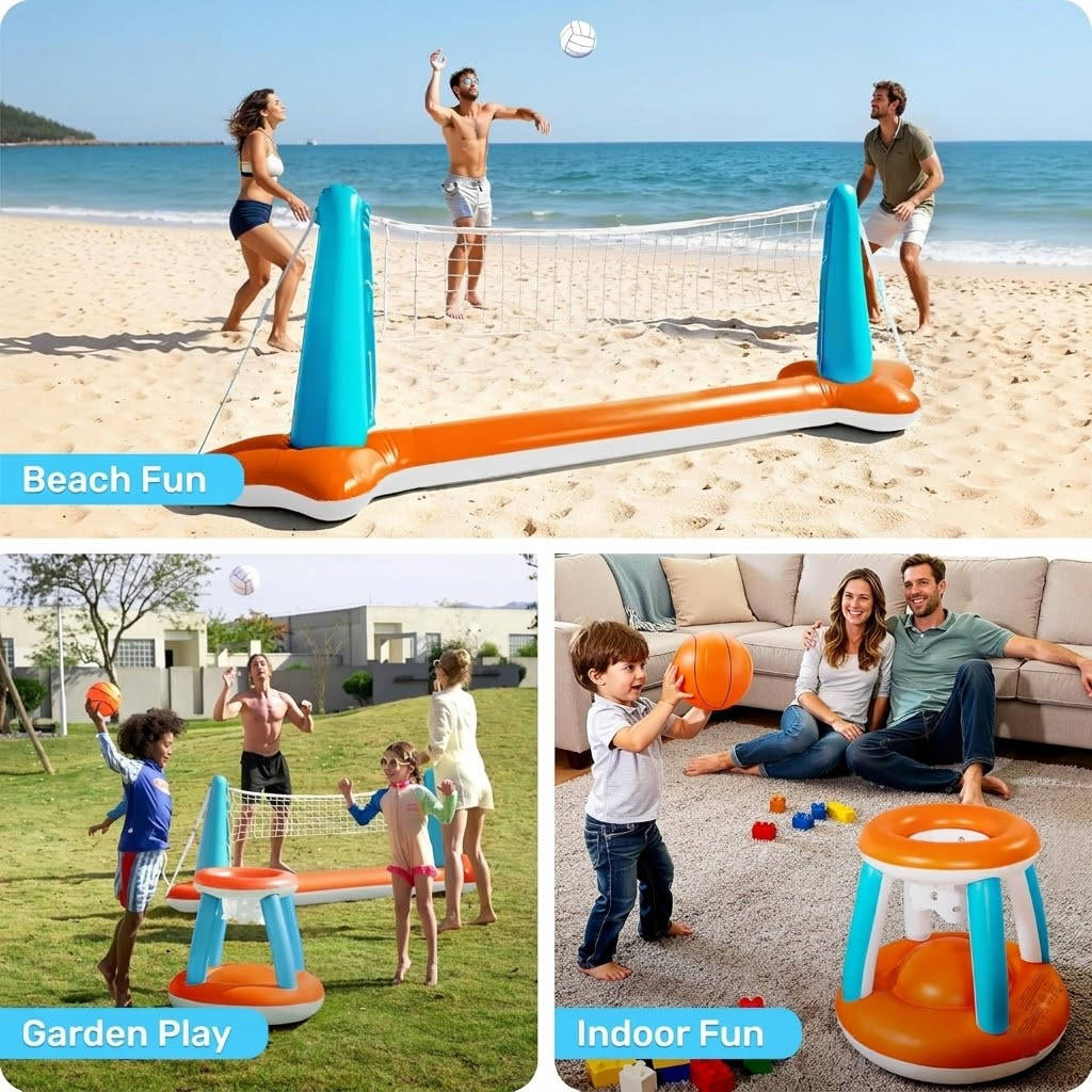 Inflatable Pool Net Dual-Game With Balls & Weight Bags