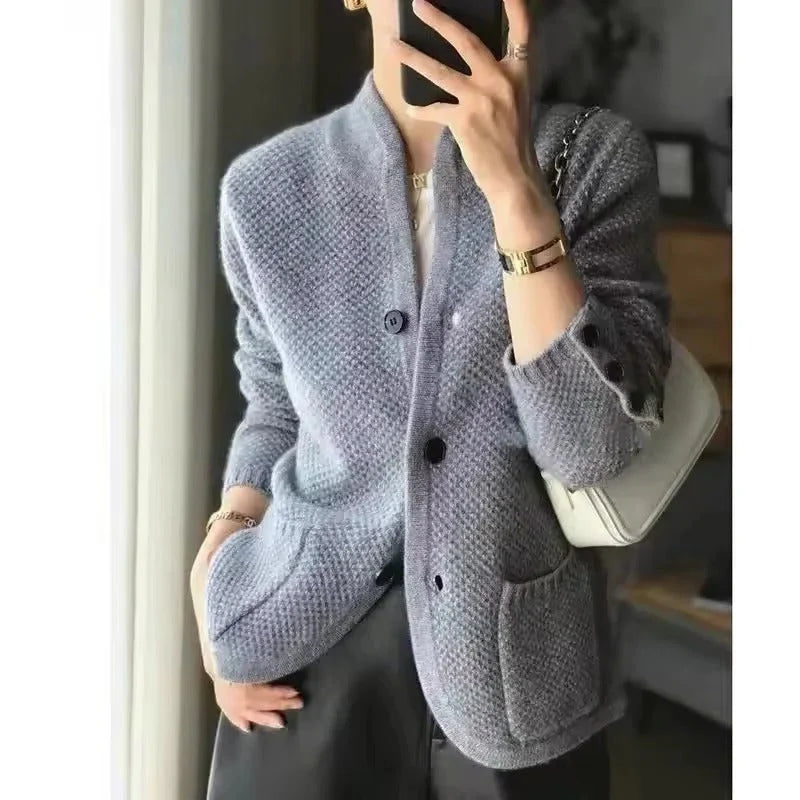 Insulated Sweater Jacket Thick Knit High Collar & Front Pockets