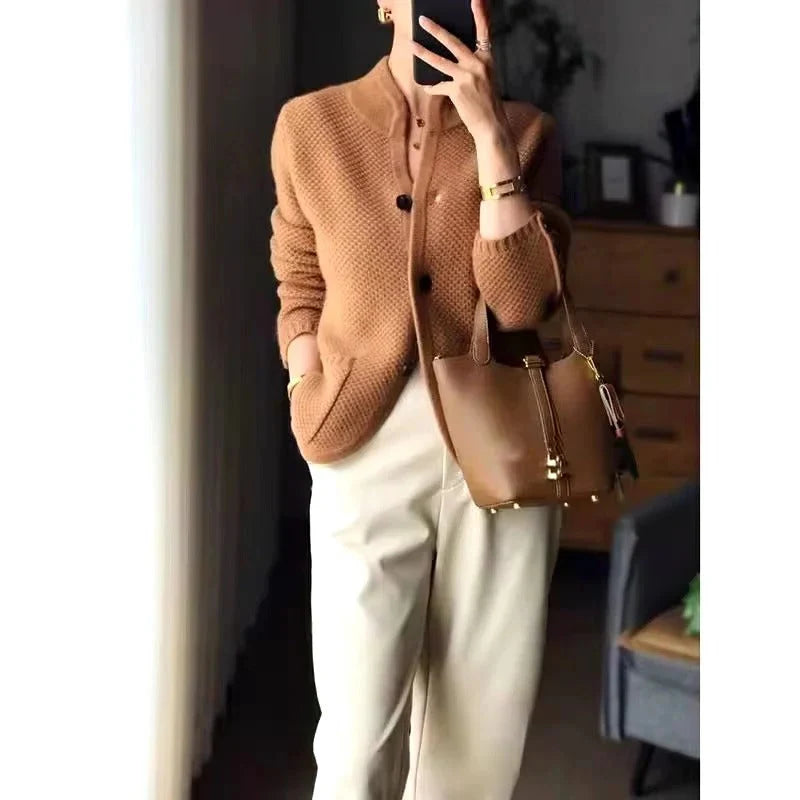 Insulated Sweater Jacket Thick Knit High Collar & Front Pockets