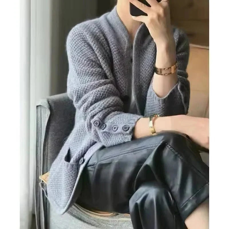 Insulated Sweater Jacket Thick Knit High Collar & Front Pockets